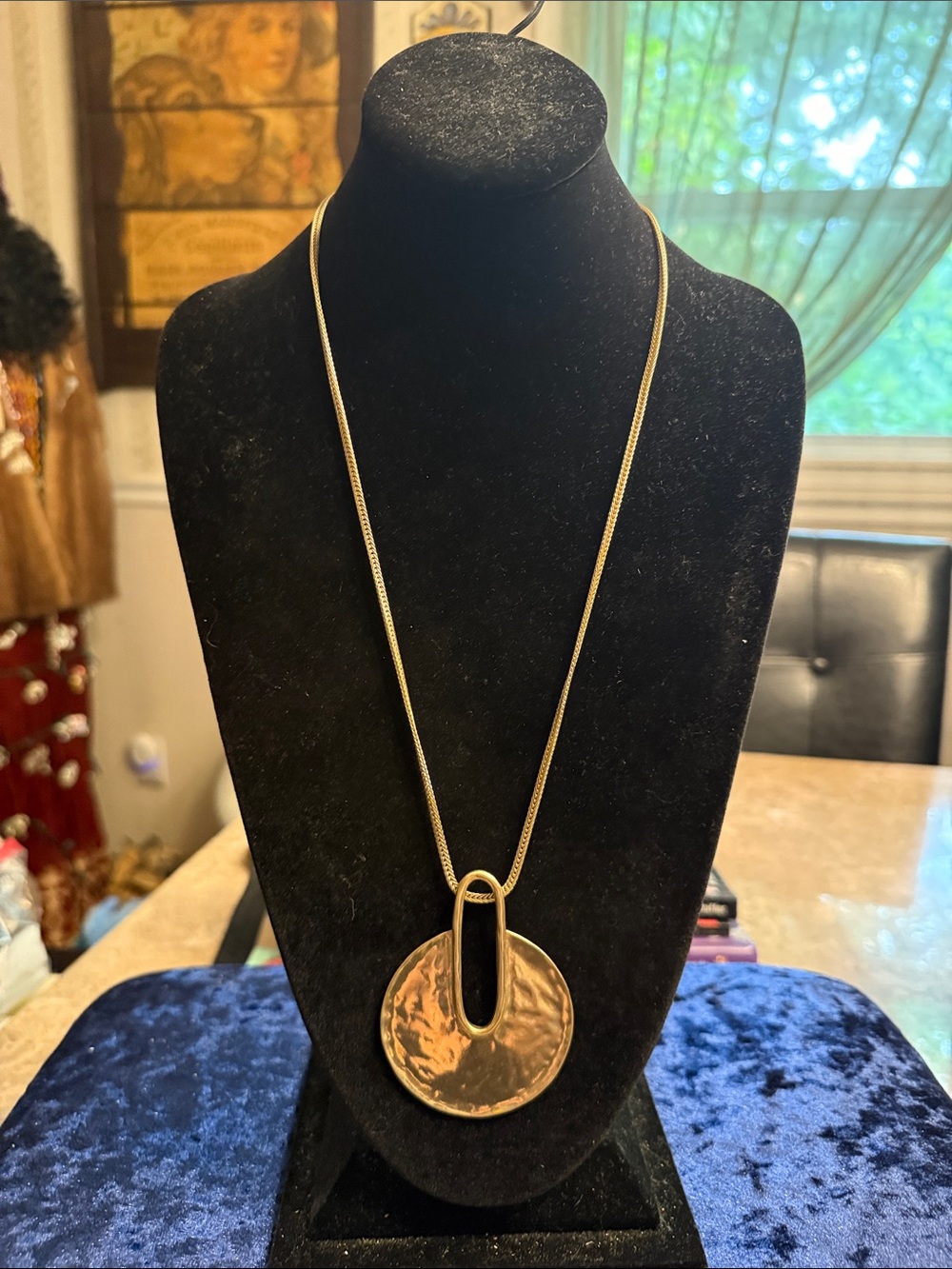 Chicos golden tone, mesh statement, necklace with hammered pendant